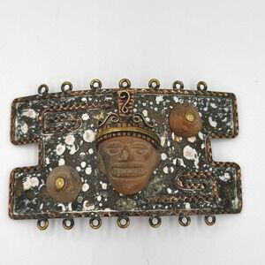 Vintage Maya Mexico Brutalist Mixed Metal Belt Buckle Clay Mask Enamel Folk‎ Art